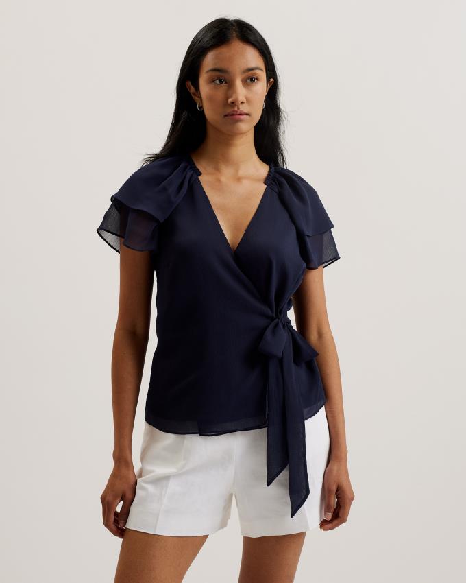 Hauts Ted Baker Frill Sleeve Wrap Front Bleu Foncé Femme | GPZ-50021553